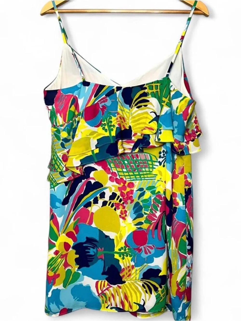 J. Crew Tropical Floral Tiered Ruffle Cami Mini Dress Yellow Blue 12 Beach